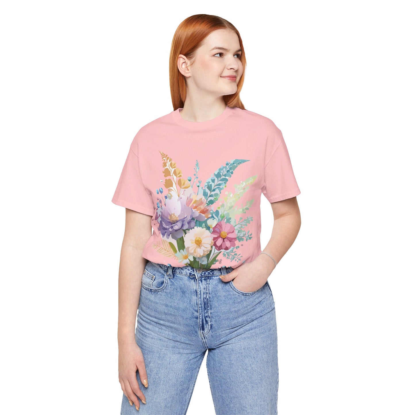 Natural Cotton Tee Shirt with Flowers