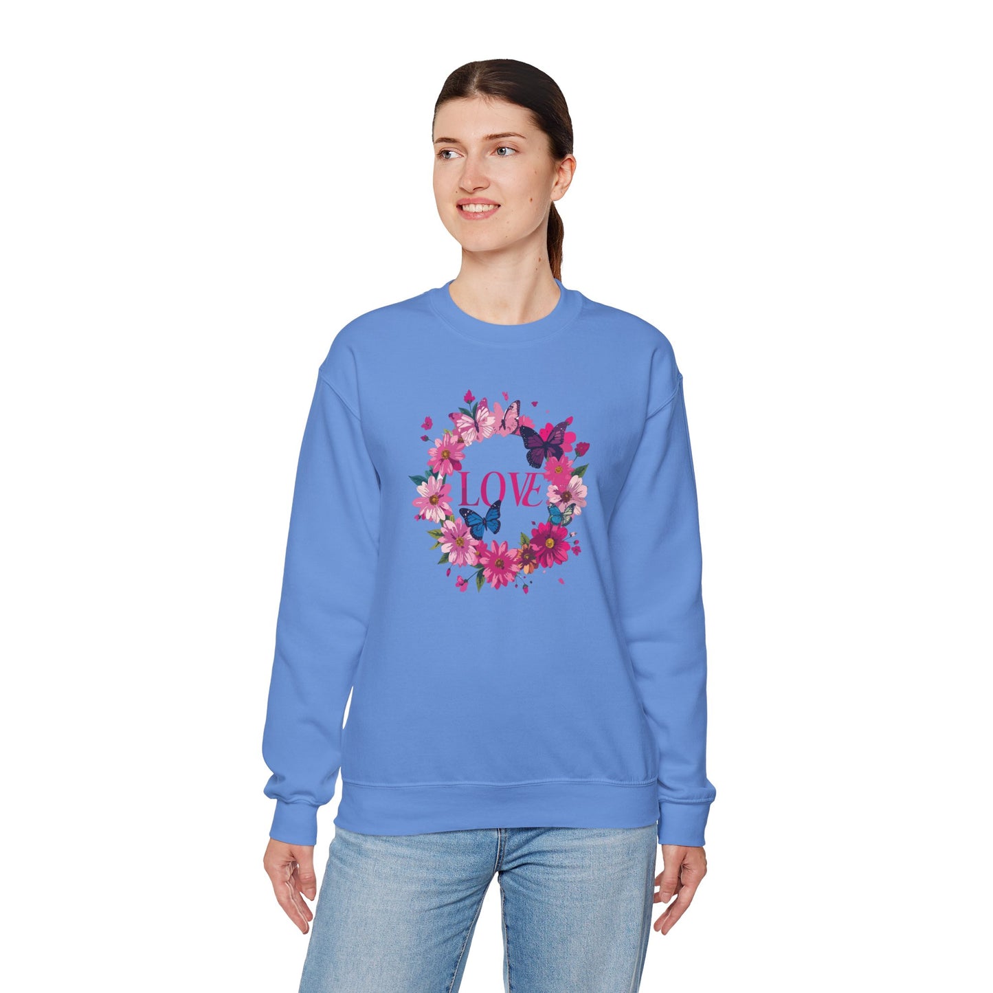 Unisex Floral Love Sweatshirt Butterfly Print 50 50 Cotton Poly Valentines Day