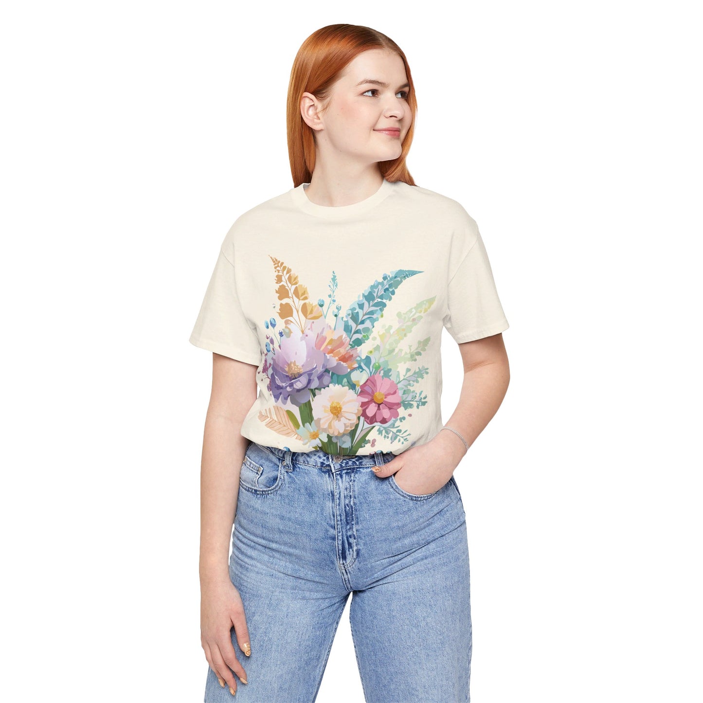 Natural Cotton Tee Shirt with Flowers