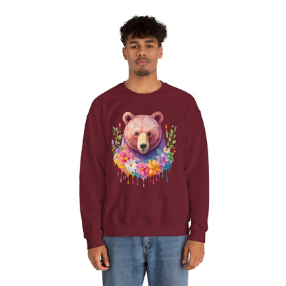 Unisex Floral Bear Sweatshirt Art Design Animals Sweatshirt Cozy Cotton Blend