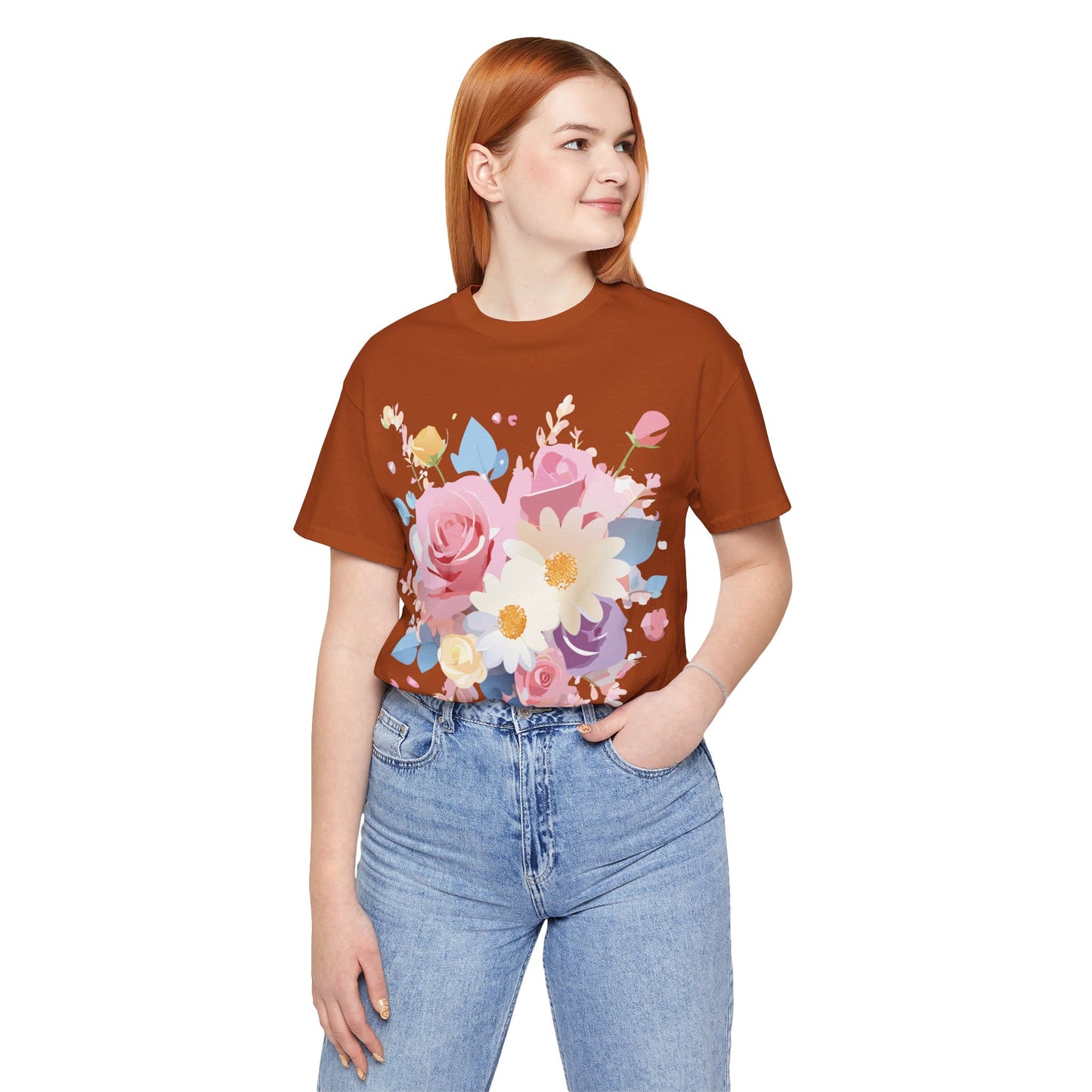 Natural Cotton Tee Shirt with Flowers