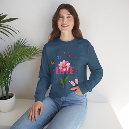 Unisex Floral Love Sweatshirt Valentines Day Cotton Poly Blend Butterfly