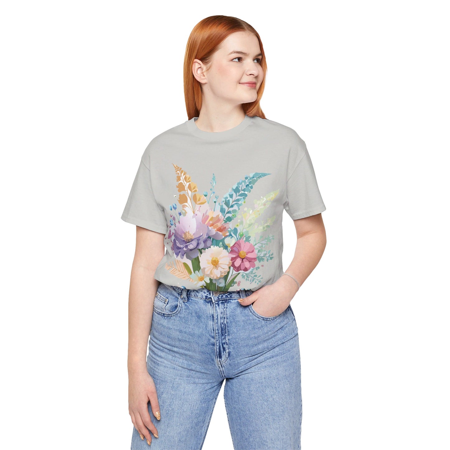 Natural Cotton Tee Shirt with Flowers