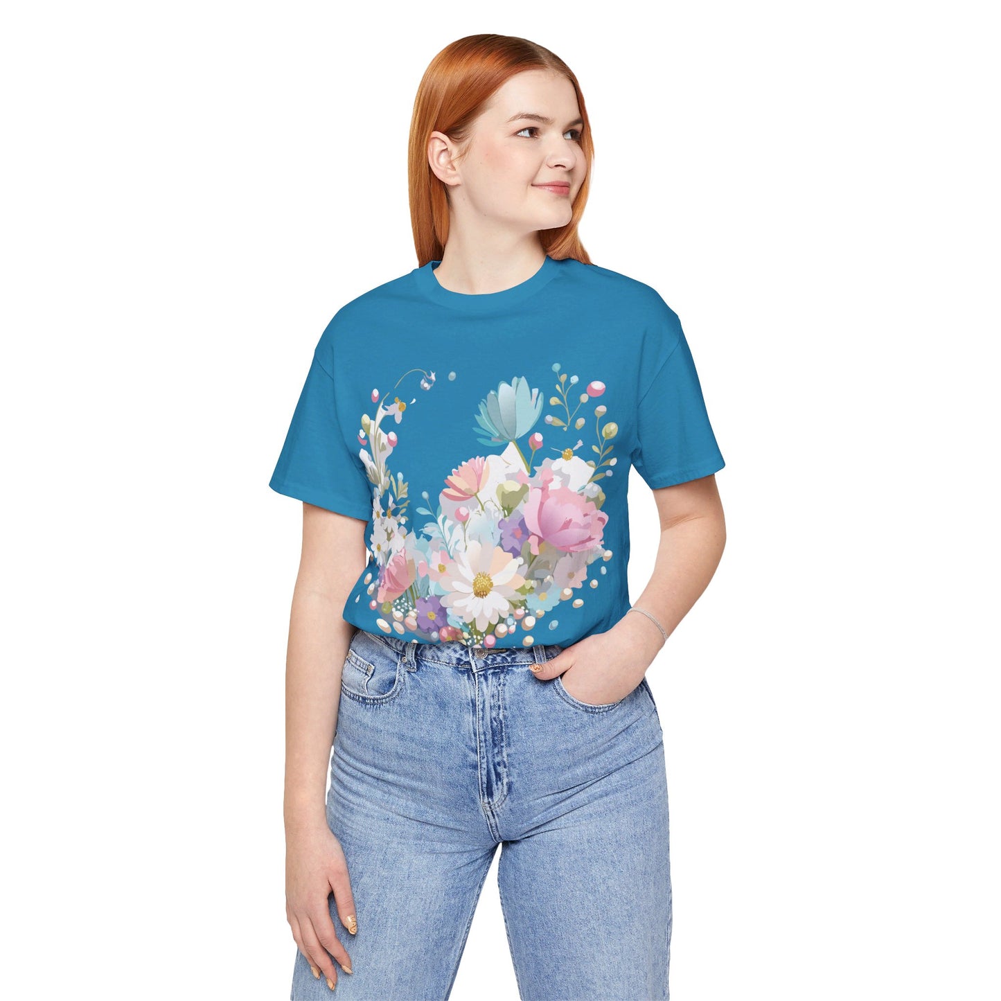 Natural Cotton Tee Shirt with Flowers