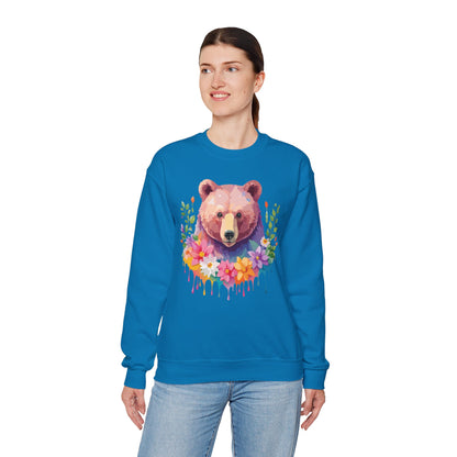 Unisex Floral Bear Sweatshirt Art Design Animals Sweatshirt Cozy Cotton Blend