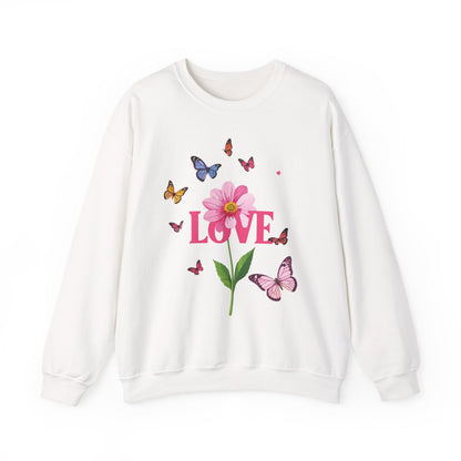 Unisex Floral Love Sweatshirt Valentines Day Cotton Poly Blend Butterfly