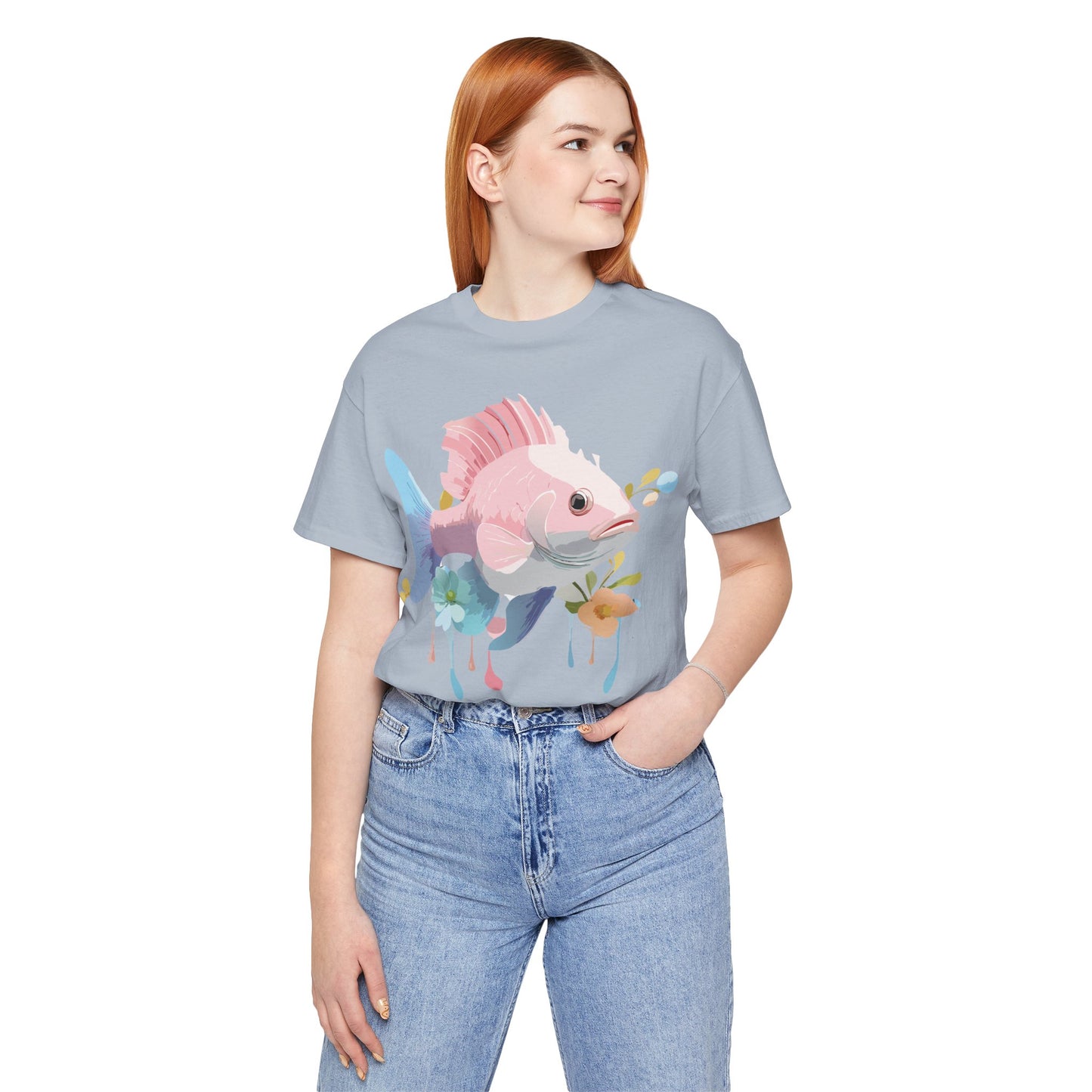 Natural Cotton Tee Shirt with Fish