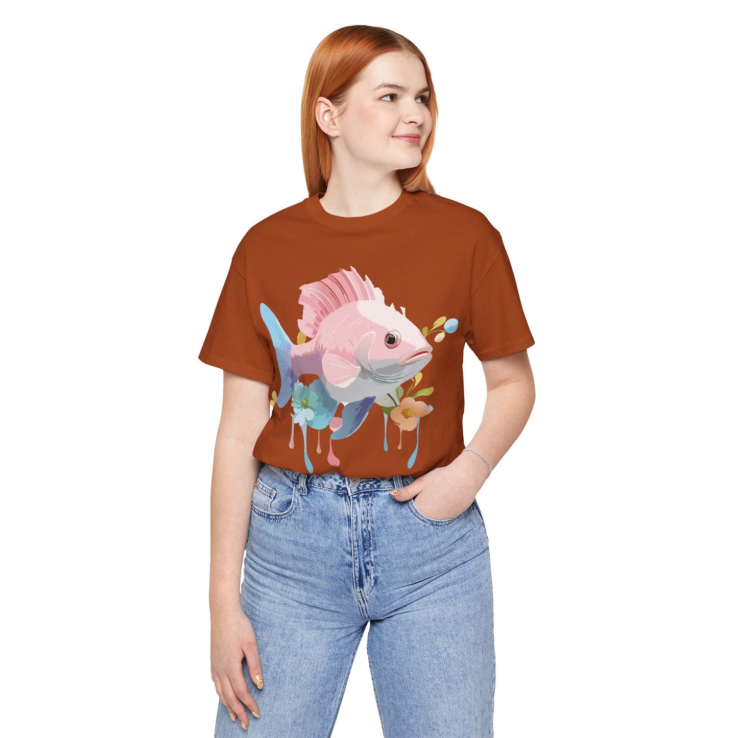 Natural Cotton Tee Shirt with Fish