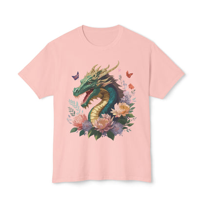 Dragon Art Design Unisex Cotton Tee With Floral Print Artwork And Dragon Graphic