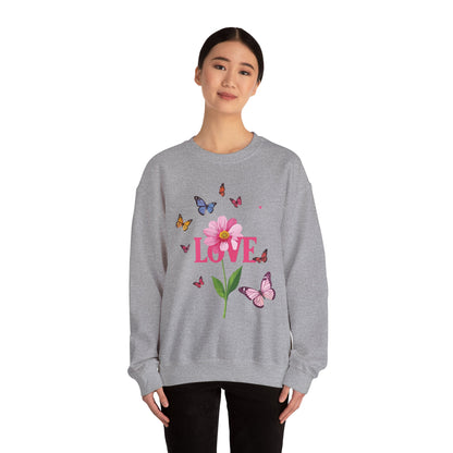 Unisex Floral Love Sweatshirt Valentines Day Cotton Poly Blend Butterfly