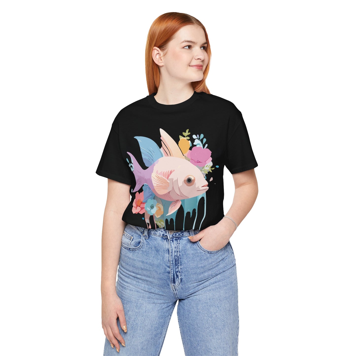 Natural Cotton Tee Shirt with Fish