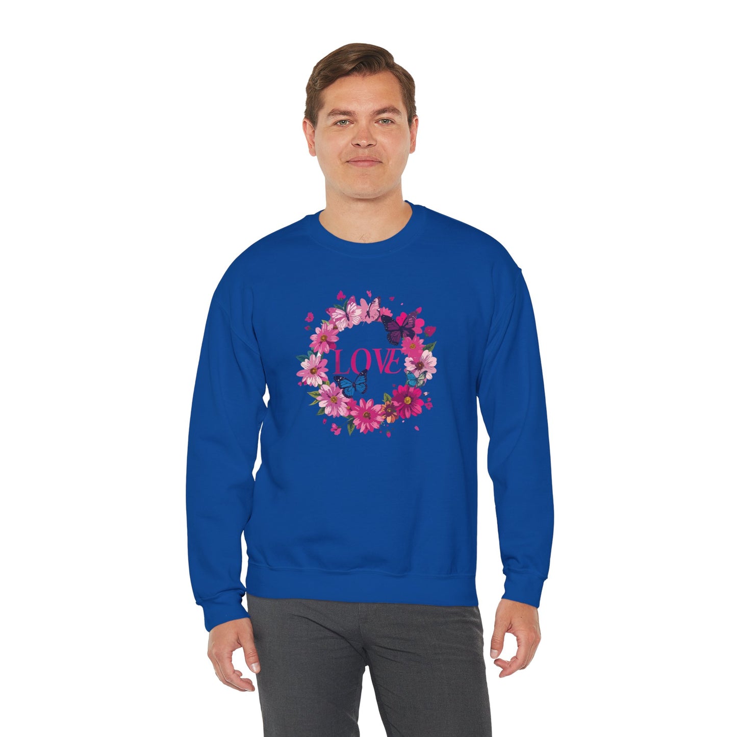 Unisex Floral Love Sweatshirt Butterfly Print 50 50 Cotton Poly Valentines Day