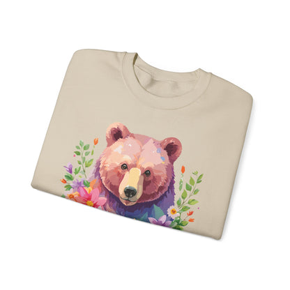 Unisex Floral Bear Sweatshirt Art Design Animals Sweatshirt Cozy Cotton Blend