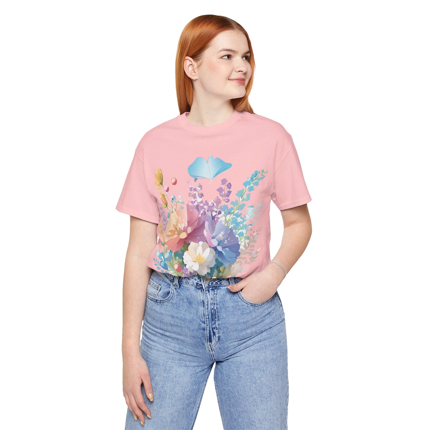 Natural Cotton Tee Shirt with Flowers