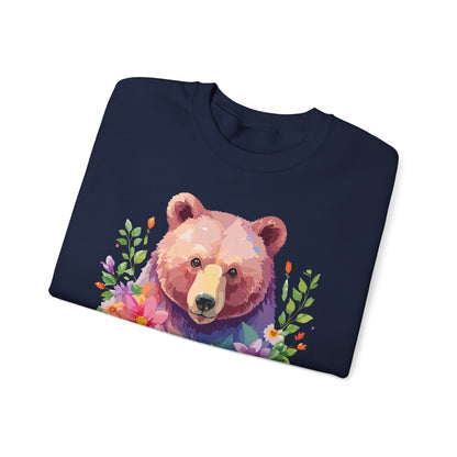 Unisex Floral Bear Sweatshirt Art Design Animals Sweatshirt Cozy Cotton Blend