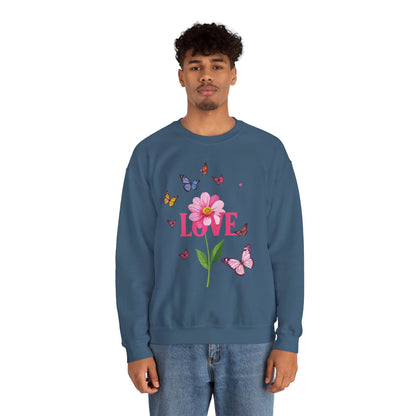 Unisex Floral Love Sweatshirt Valentines Day Cotton Poly Blend Butterfly