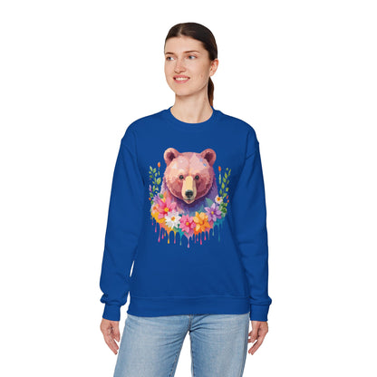 Unisex Floral Bear Sweatshirt Art Design Animals Sweatshirt Cozy Cotton Blend
