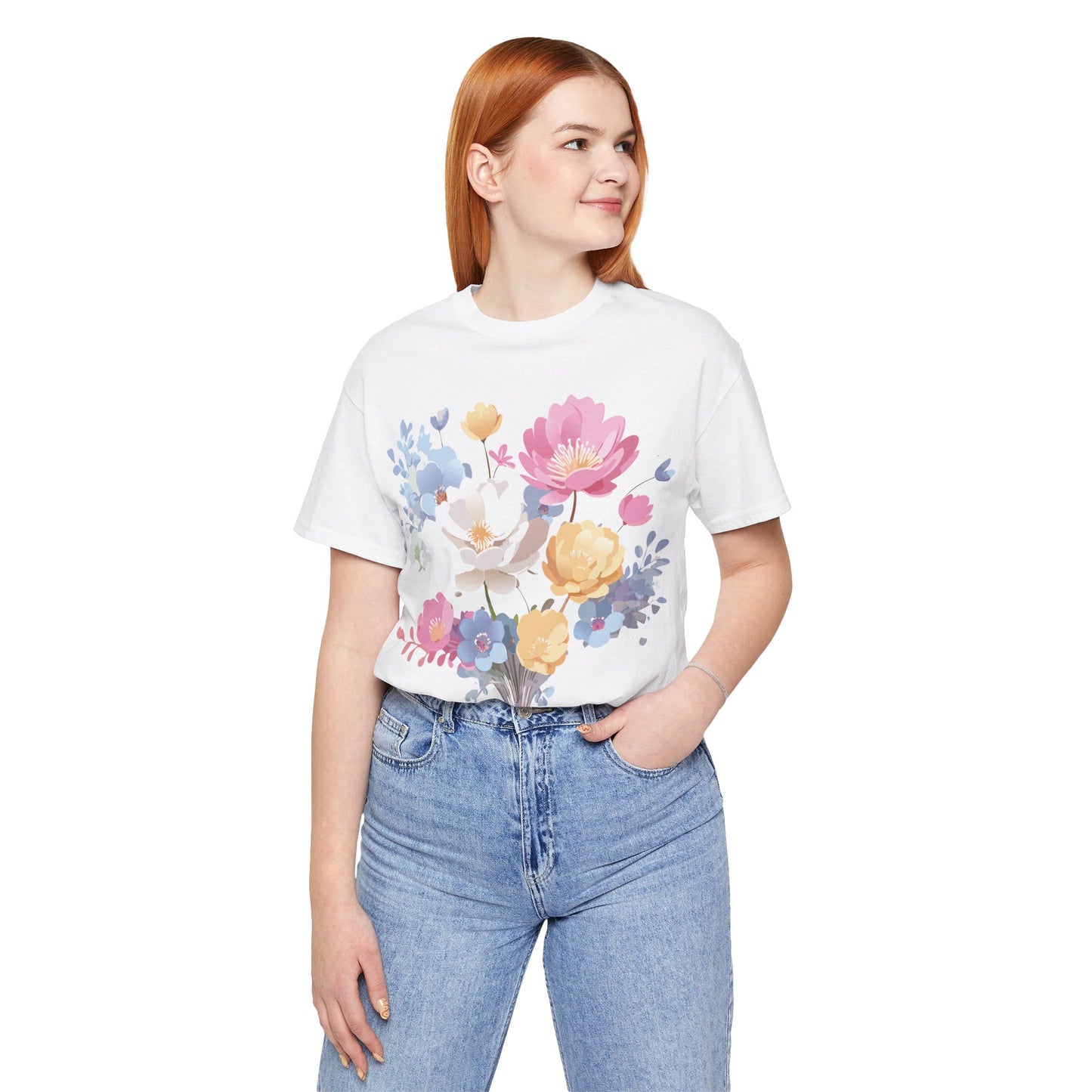 Natural Cotton Tee Shirt with Flowers