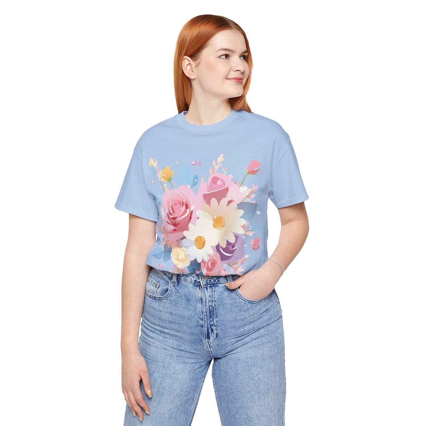 Natural Cotton Tee Shirt with Flowers