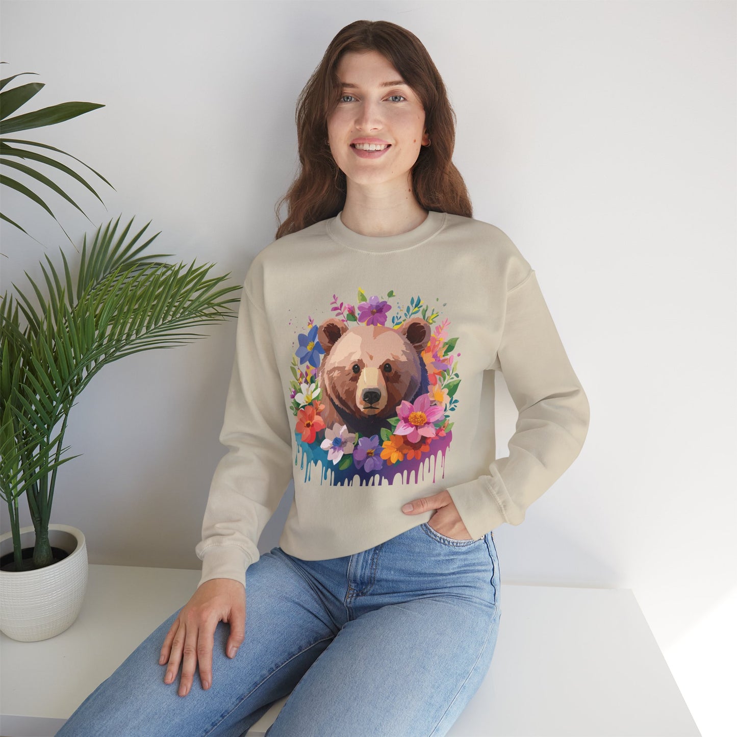 Unisex Floral Bear Sweatshirt, Animals Sweatshirt, Floral Sweatshirt, Art Design Sweatshirt