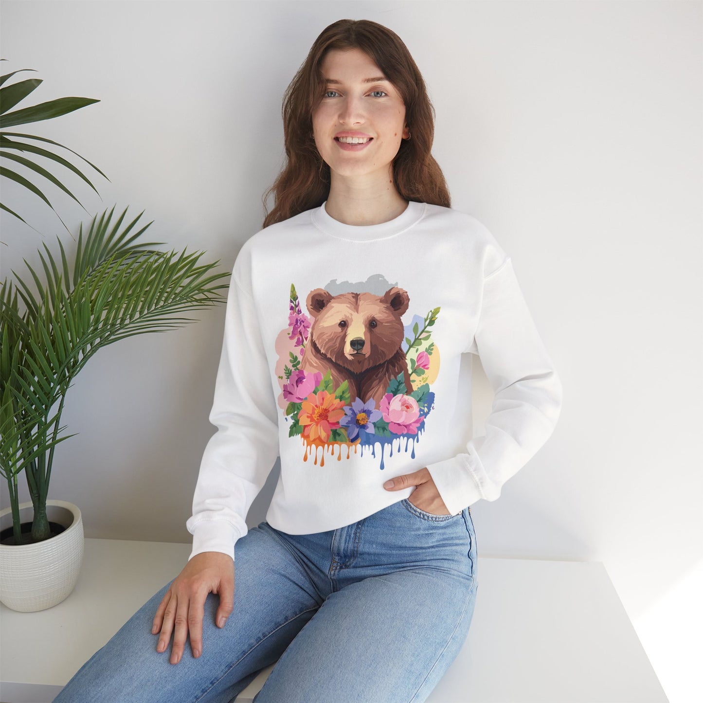Unisex Floral Bear Sweatshirt, Animals Sweatshirt, Floral Sweatshirt, Art Design Sweatshirt