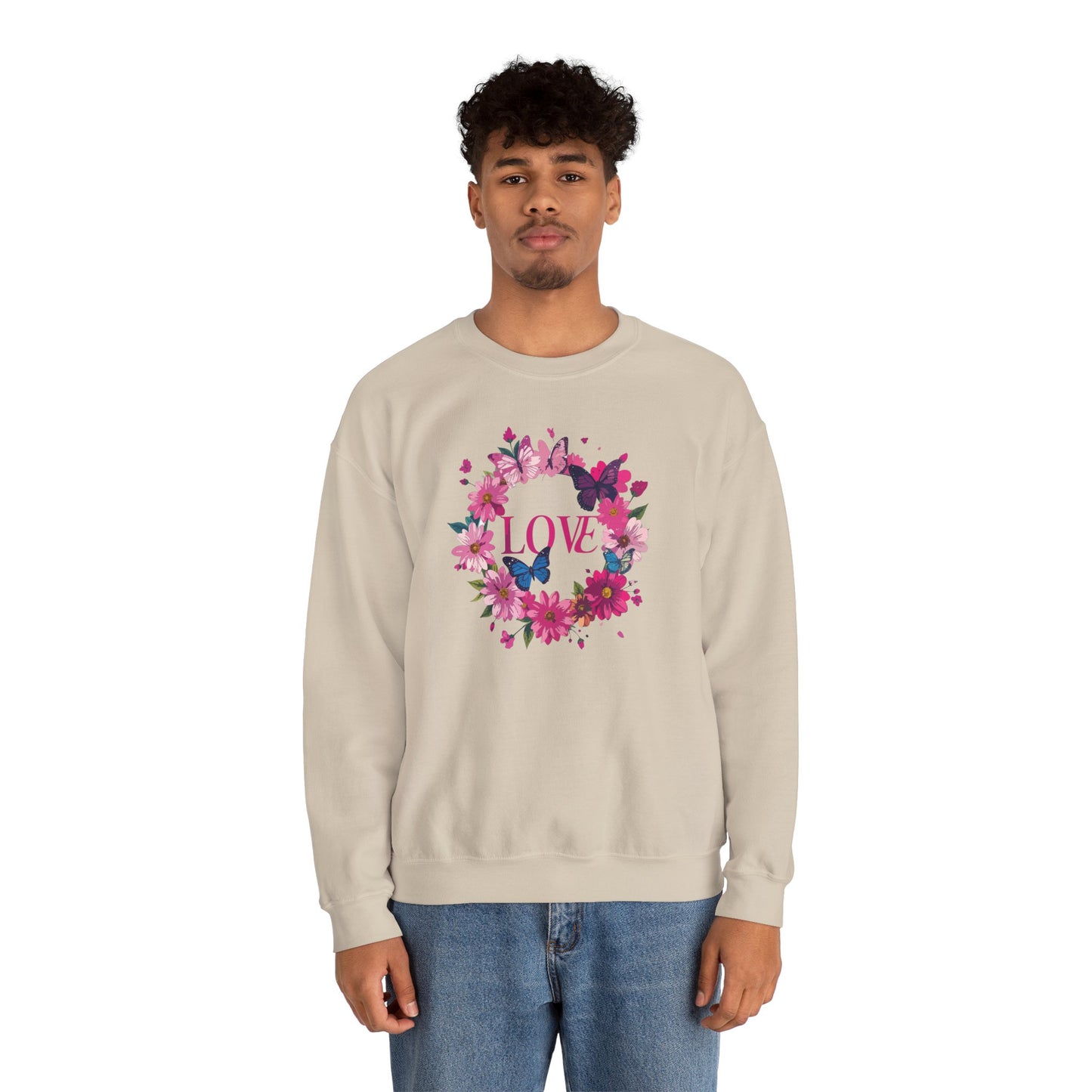 Unisex Floral Love Sweatshirt Butterfly Print 50 50 Cotton Poly Valentines Day