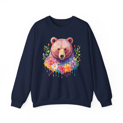 Unisex Floral Bear Sweatshirt Art Design Animals Sweatshirt Cozy Cotton Blend