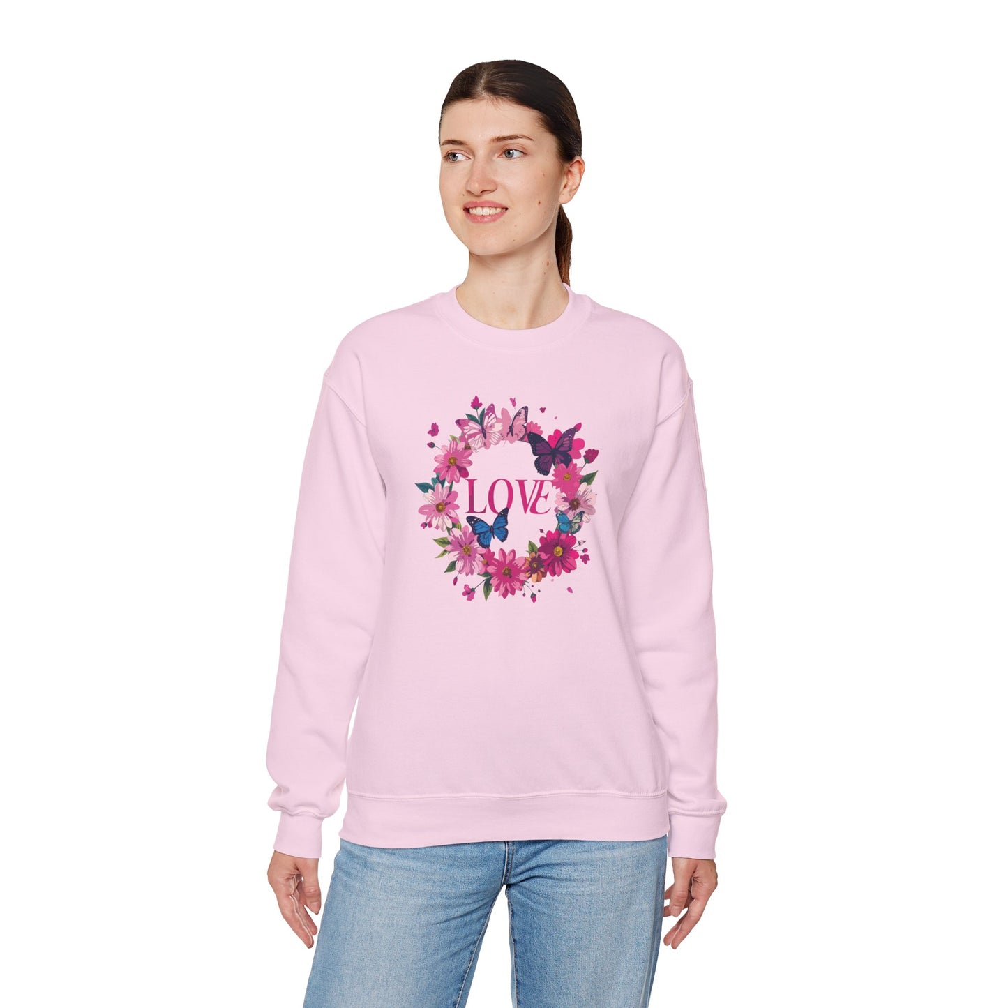 Unisex Floral Love Sweatshirt Butterfly Print 50 50 Cotton Poly Valentines Day