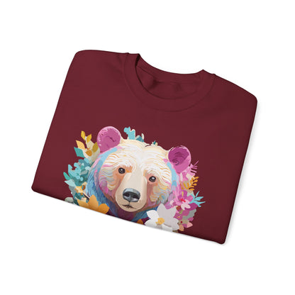Unisex Floral Bear Sweatshirt With Art Design Gildan 18000 Crewneck