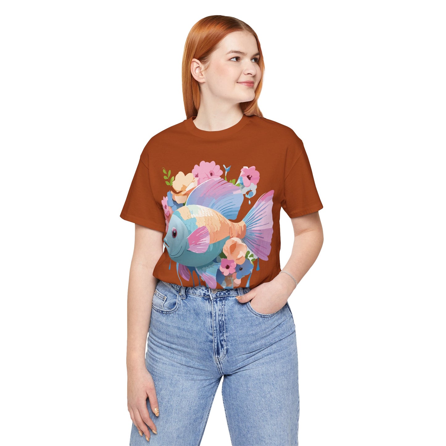 Natural Cotton Tee Shirt with Fish