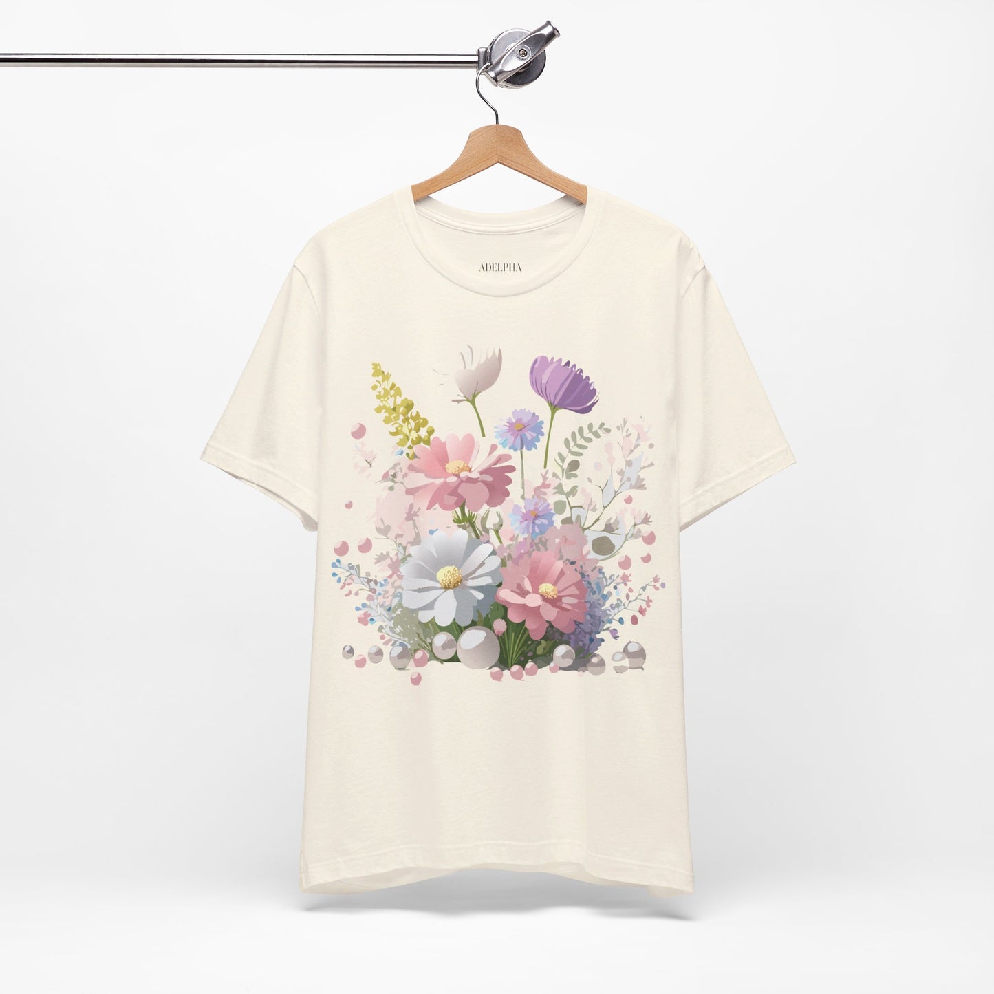 Natural Cotton Tee Shirt with Flowers