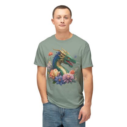 Dragon Art Tee Shirt Unisex Floral Print Cotton Tee USA Made