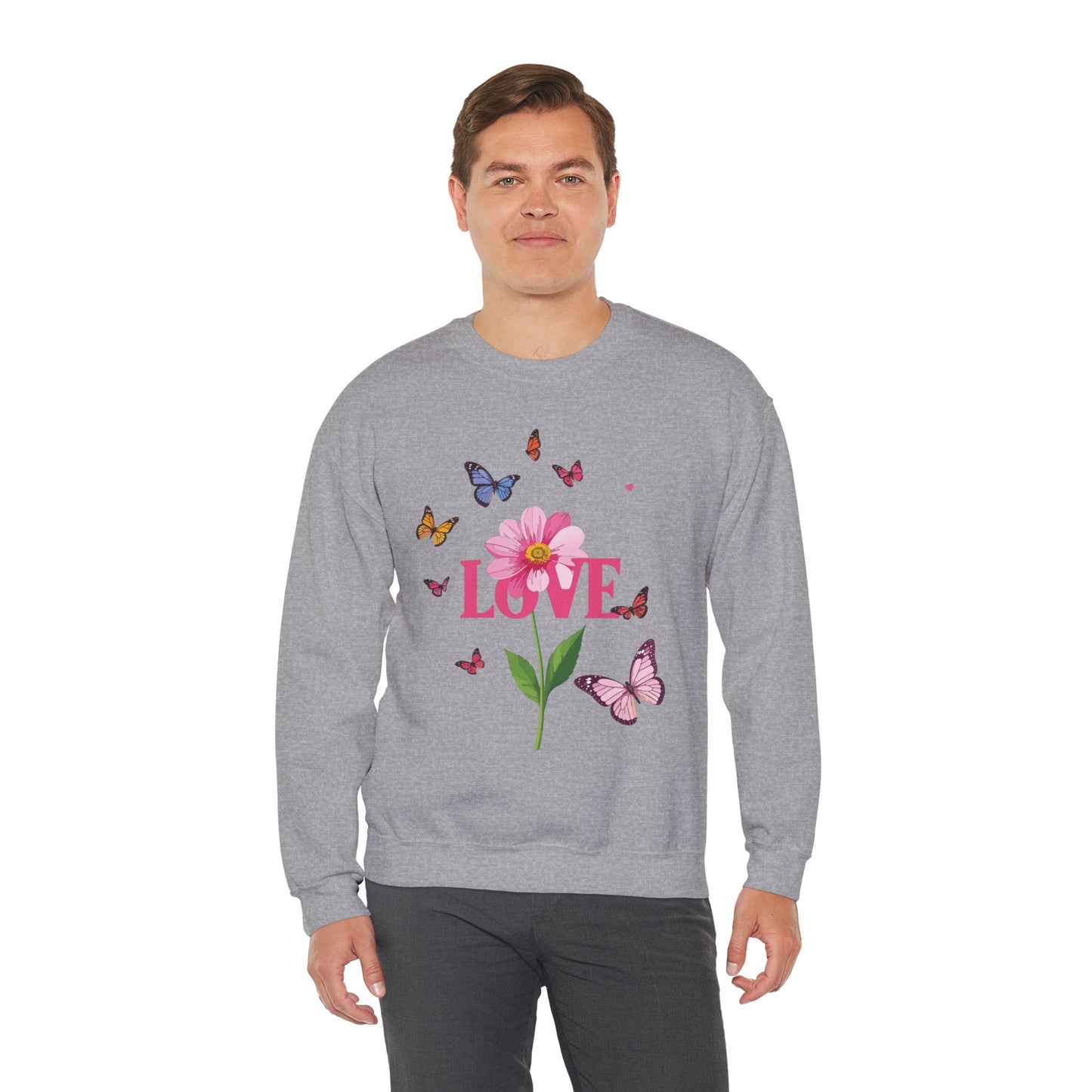Unisex Floral Love Sweatshirt Valentines Day Cotton Poly Blend Butterfly