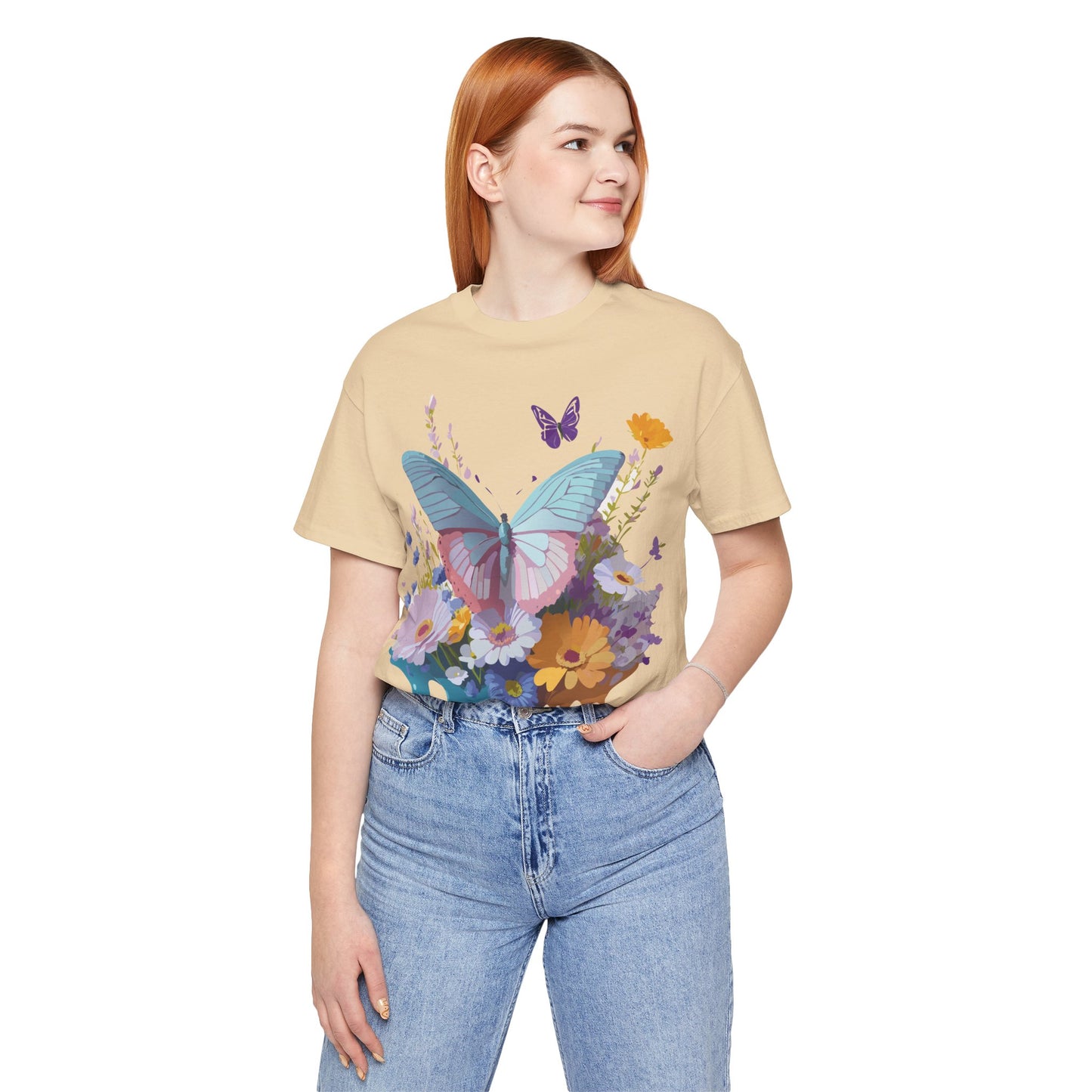 Natural Cotton Tee Shirt with Butterfly