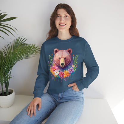 Unisex Floral Bear Sweatshirt Art Design Animals Sweatshirt Cozy Cotton Blend