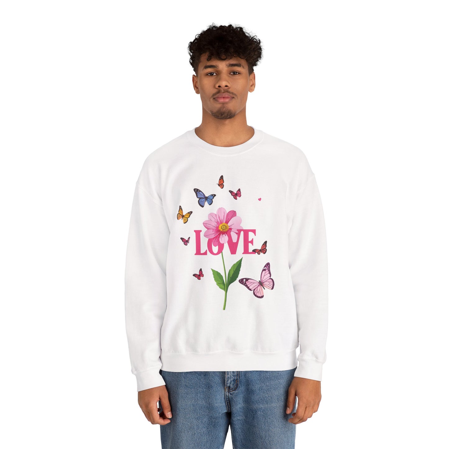 Unisex Floral Love Sweatshirt Valentines Day Cotton Poly Blend Butterfly