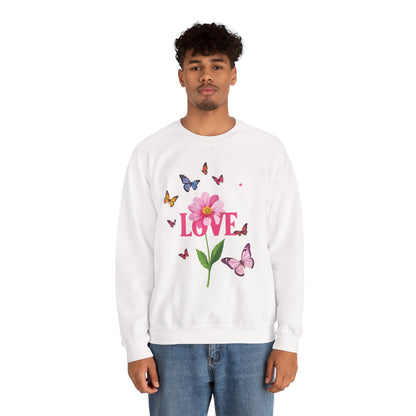 Unisex Floral Love Sweatshirt Valentines Day Cotton Poly Blend Butterfly
