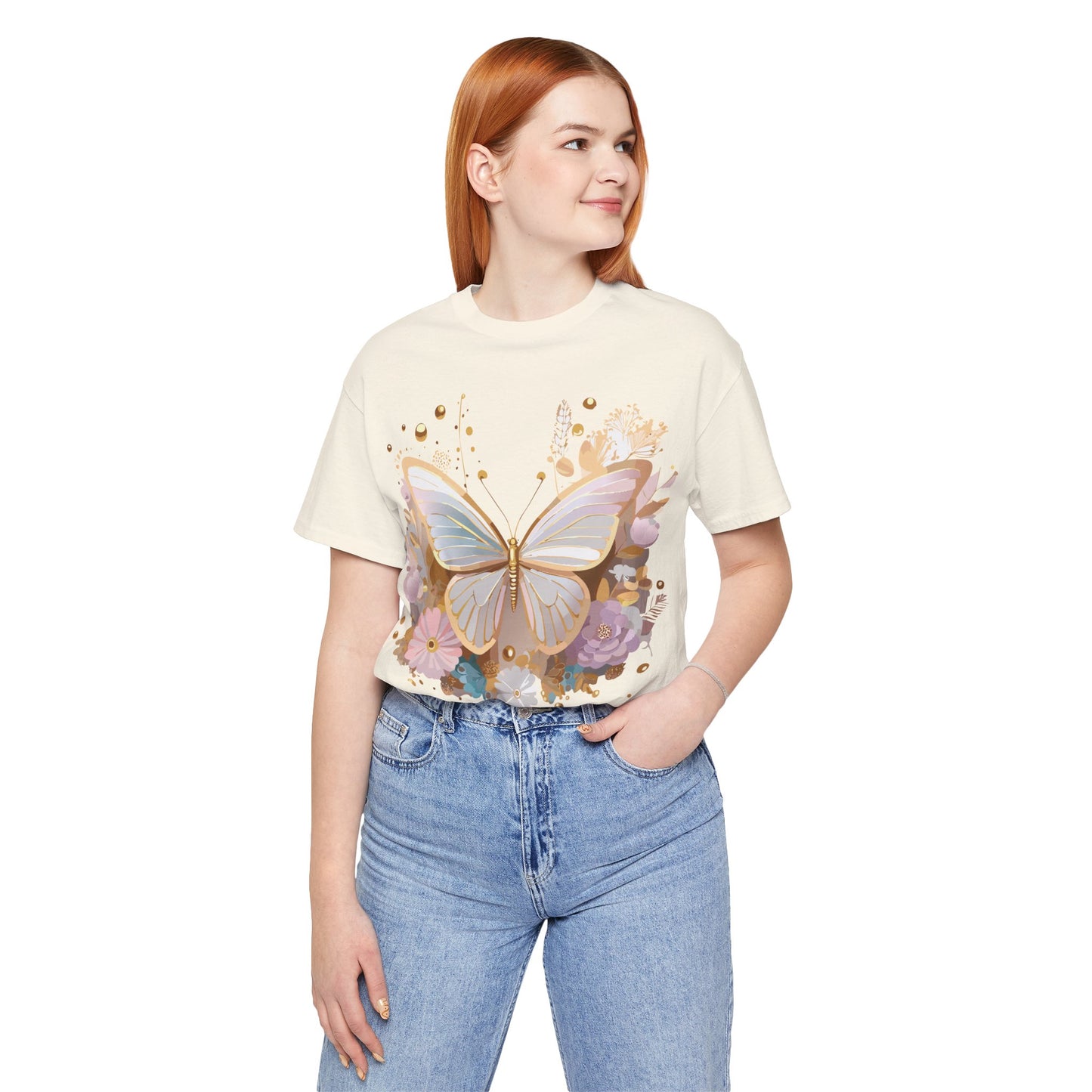 Natural Cotton Tee Shirt with Butterfly