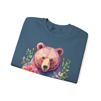 Unisex Floral Bear Sweatshirt Art Design Animals Sweatshirt Cozy Cotton Blend