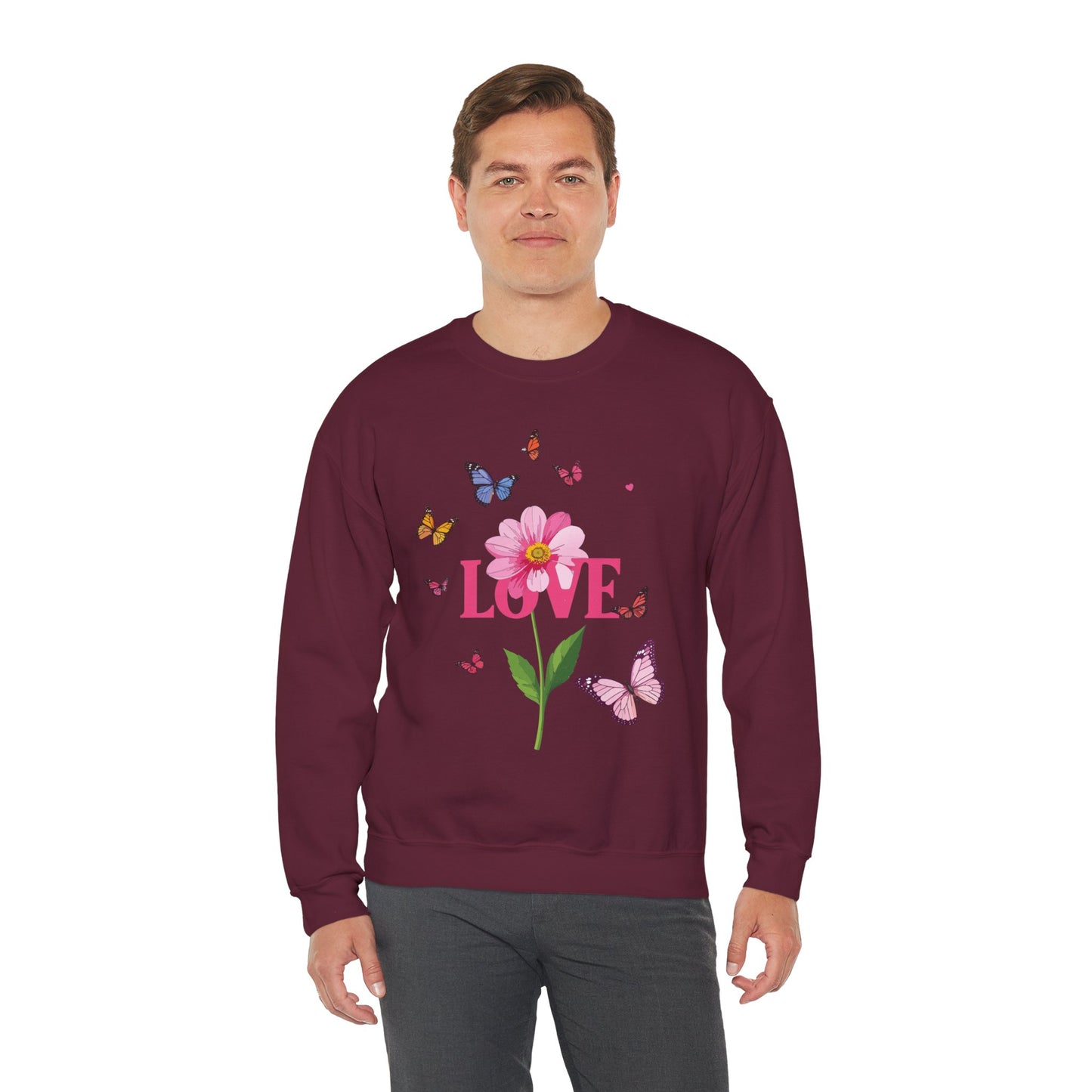 Unisex Floral Love Sweatshirt Valentines Day Cotton Poly Blend Butterfly