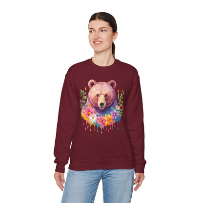 Unisex Floral Bear Sweatshirt Art Design Animals Sweatshirt Cozy Cotton Blend