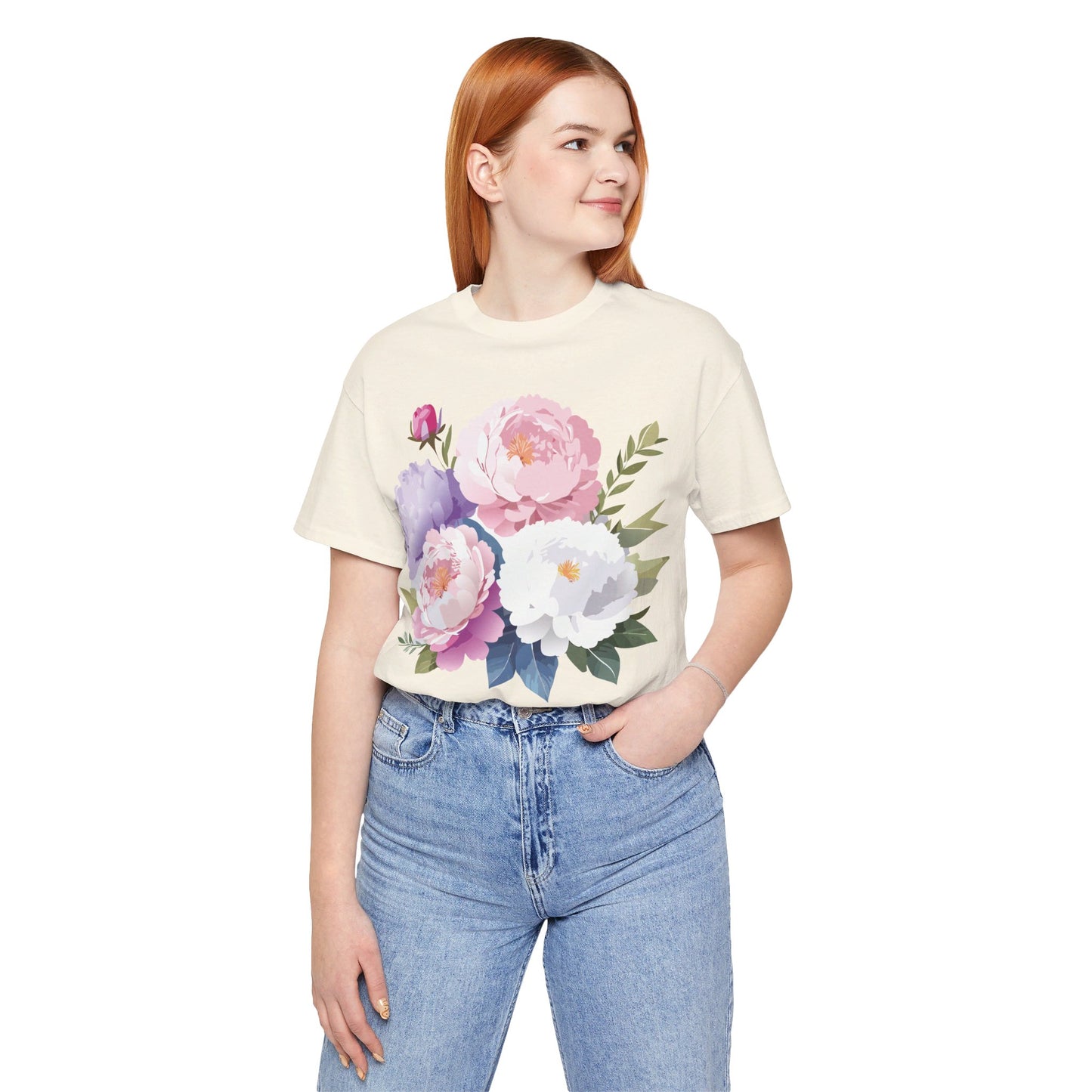 Natural Cotton Tee Shirt with Flowers