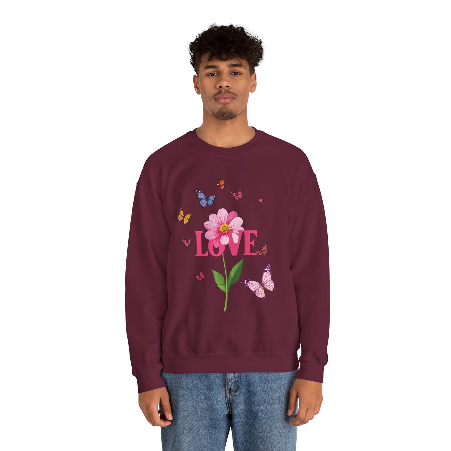 Unisex Floral Love Sweatshirt Valentines Day Cotton Poly Blend Butterfly