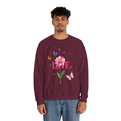 Unisex Floral Love Sweatshirt Valentines Day Cotton Poly Blend Butterfly