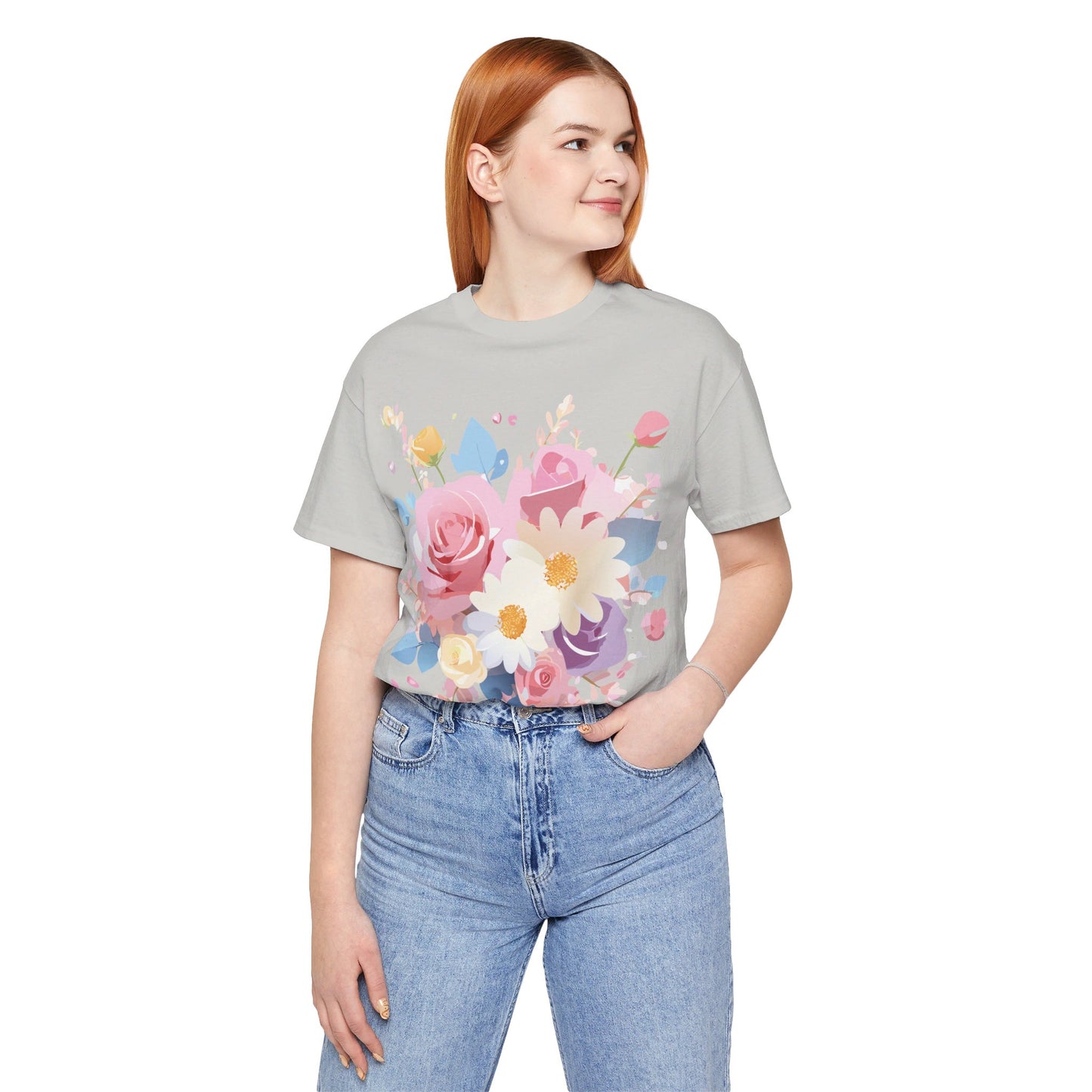 Natural Cotton Tee Shirt with Flowers