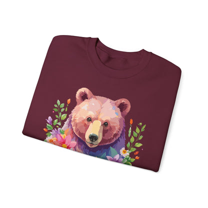 Unisex Floral Bear Sweatshirt Art Design Animals Sweatshirt Cozy Cotton Blend