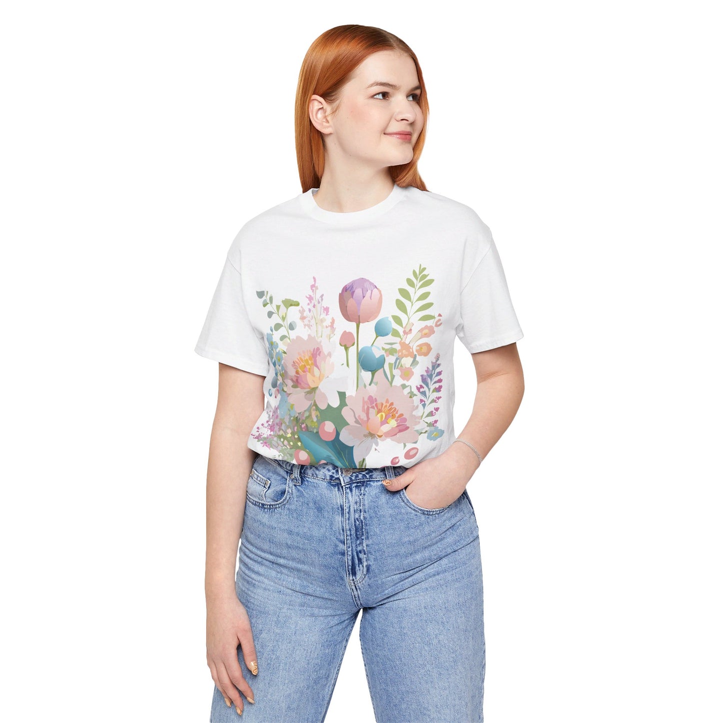 Natural Cotton Tee Shirt with Flowers