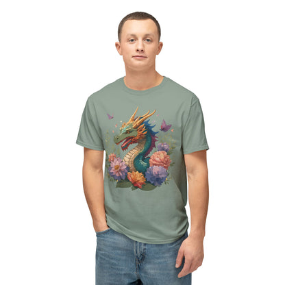 Dragon Art Tee Unisex Vintage Floral Tee Full Color Print HD Cotton