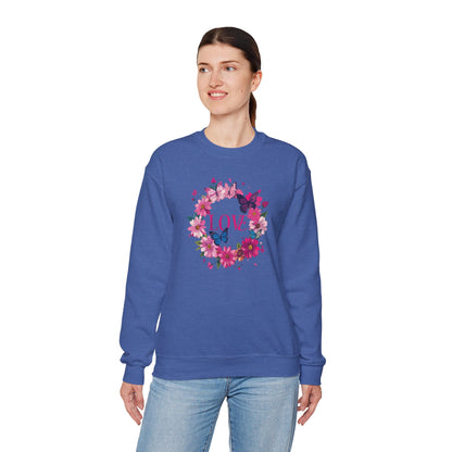 Unisex Floral Love Sweatshirt Butterfly Print 50 50 Cotton Poly Valentines Day