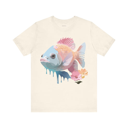 Natural Cotton Tee Shirt with Fish